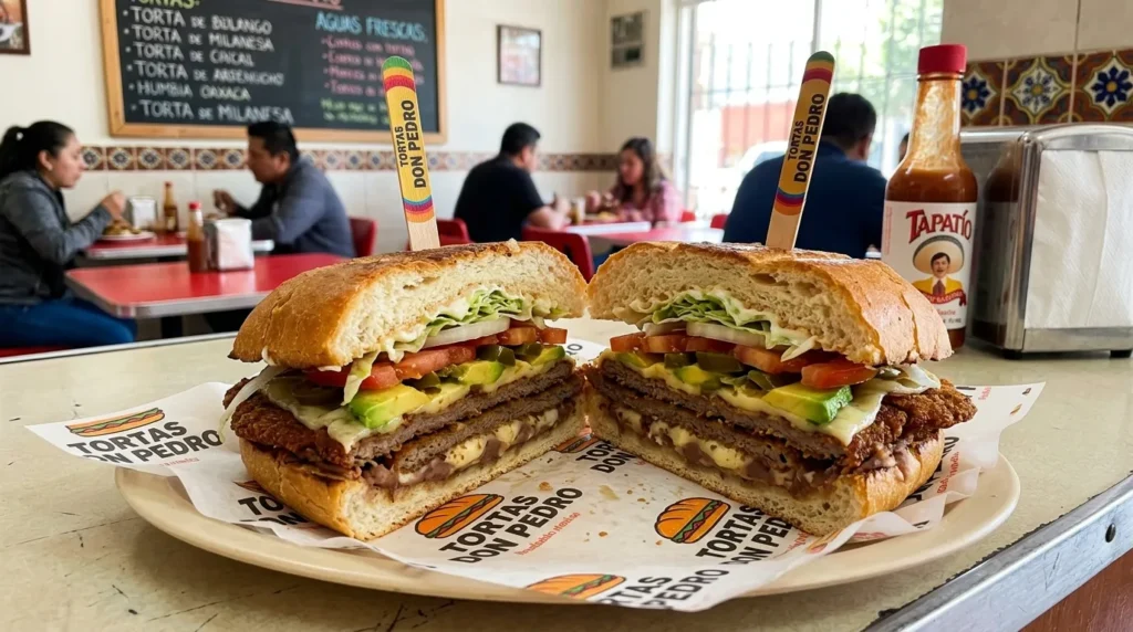 Authentic Mexican torta cut in half showing meat, avocado, beans, and cheese