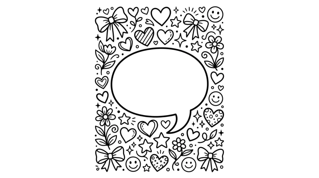 Preppy motivational doodle coloring page with blank speech bubble bows hearts and stars
