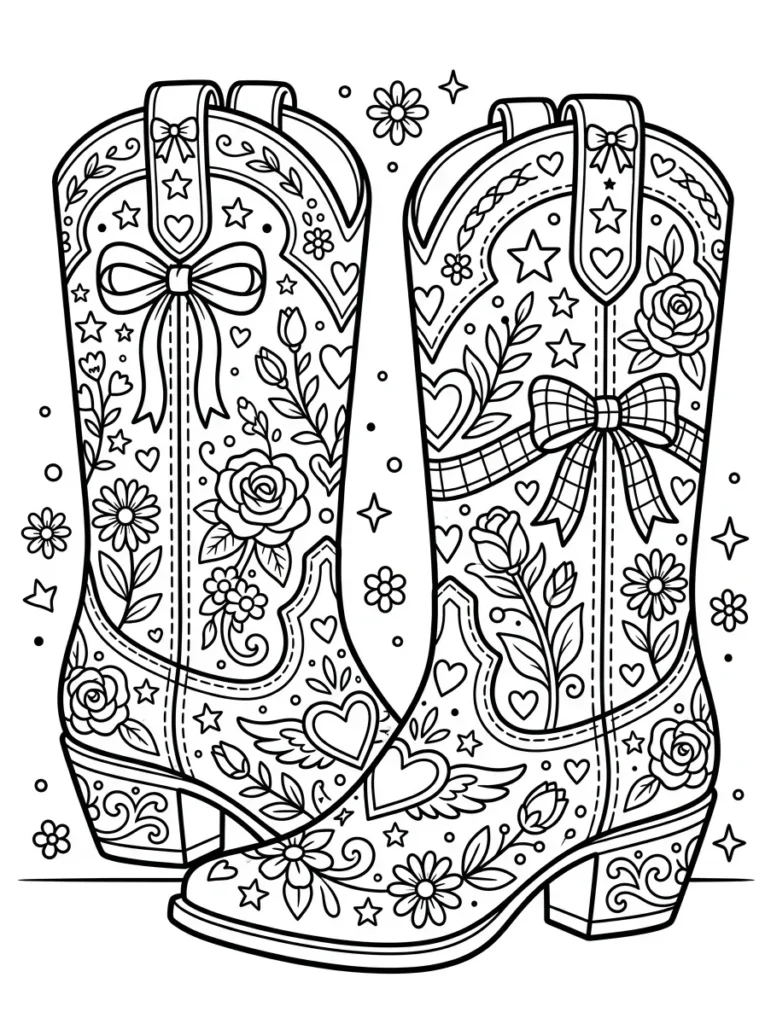 Preppy cowgirl boots coloring page with flowers hearts stars and bows
