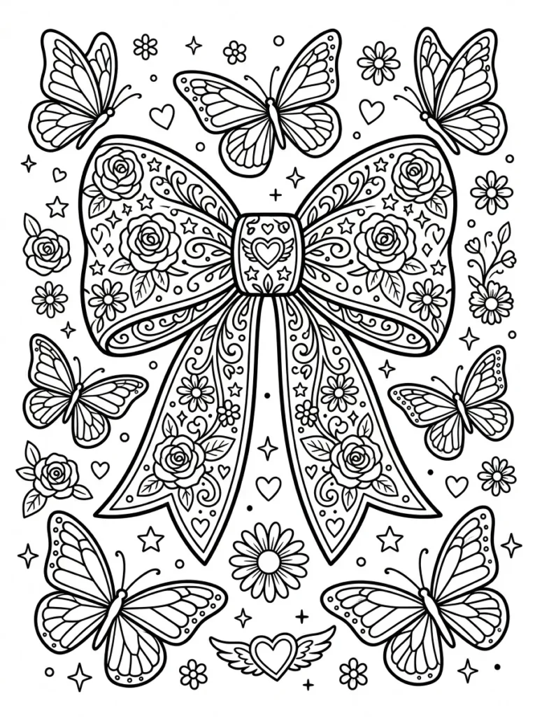 Preppy butterfly and bow coloring page with hearts flowers and sparkles