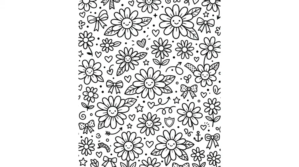 Preppy daisy pattern coloring page with hearts stars bows and cute doodles