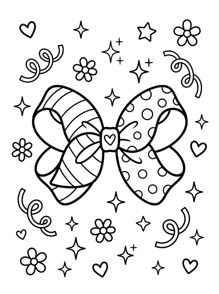 Preppy bow and hearts coloring page with cute ribbons stars and flowers