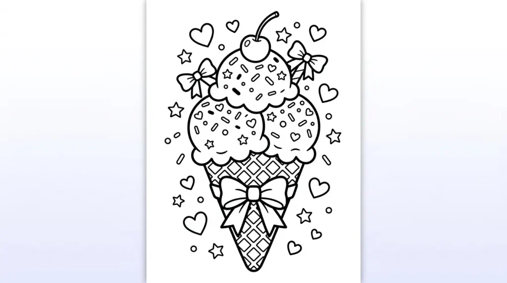 Preppy ice cream coloring page with cherry bows hearts sprinkles and stars