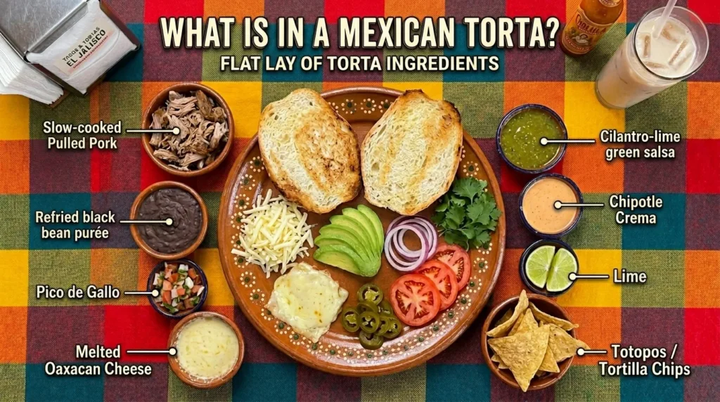 Mexican torta ingredients including bolillo, refried beans, avocado, cheese, salsa, and meat