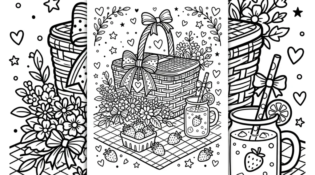 Preppy picnic basket coloring page with gingham blanket strawberries lemonade and flowers

