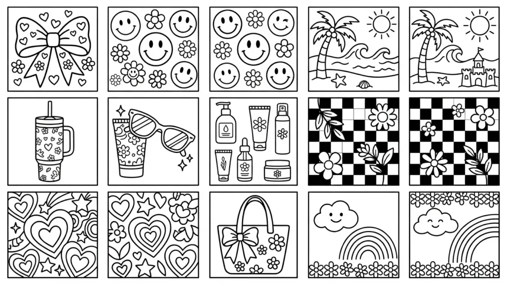 Aesthetic preppy coloring pages preview with bows hearts beach icons and cute printable doodles