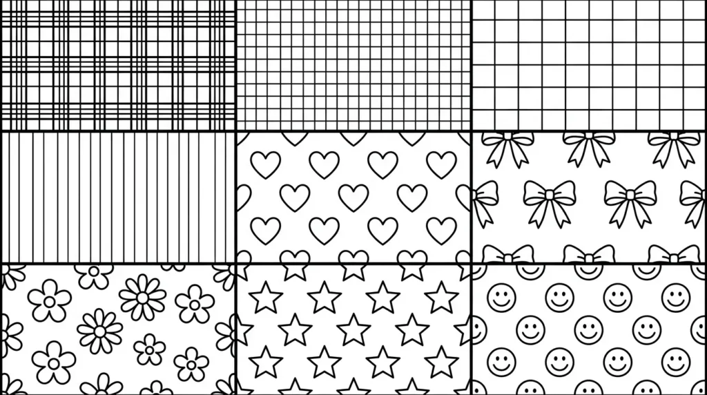 Preppy pattern sampler coloring page with plaid gingham checkerboard stripes hearts bows and stars
