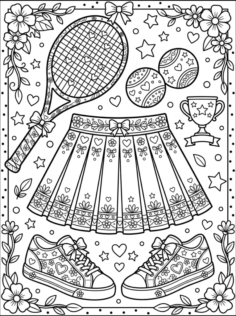 Preppy tennis aesthetic coloring page with racket tennis balls skirt sneakers and bows

