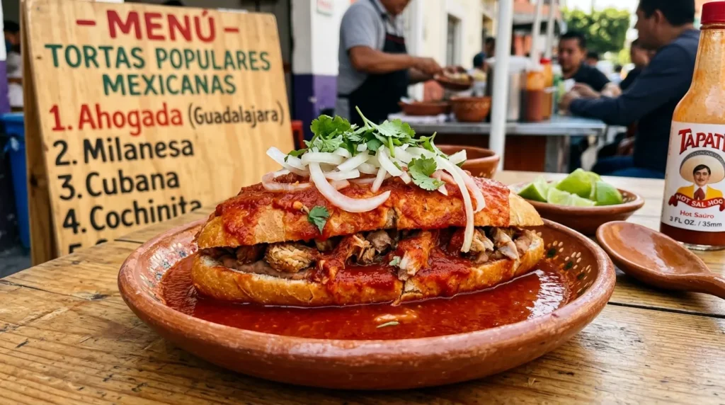 Torta ahogada drowned in red chile sauce with carnitas