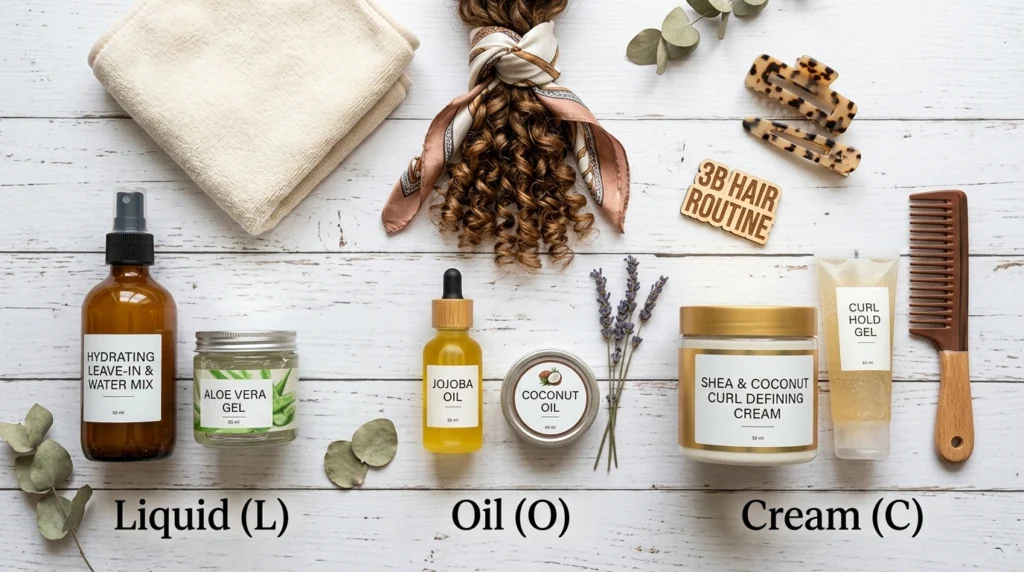 3b hair LOC method routine flat lay