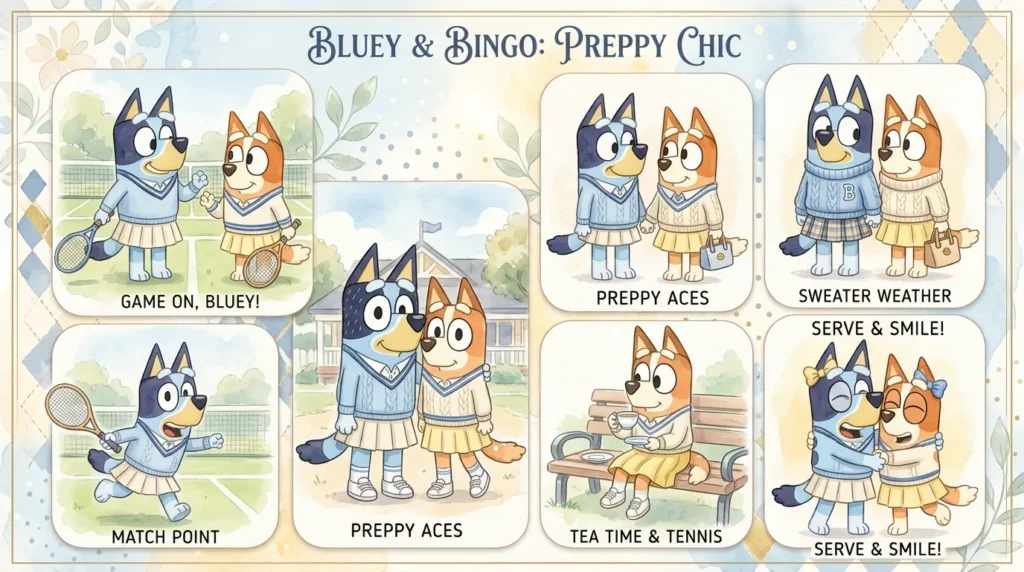Preppy Bluey aesthetic fan art collage featuring pastel colors and polished cartoon design.