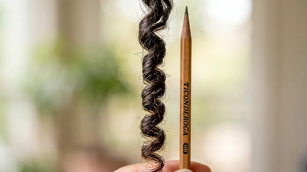 3c hair curl diameter compared to a pencil"