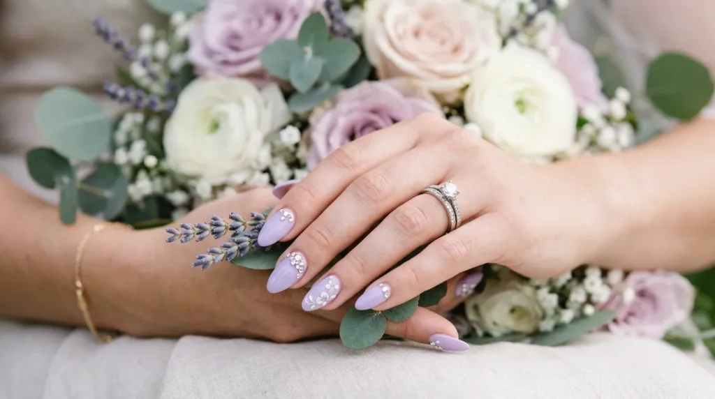 Lavender wedding nails with rhinestones and floral details 2026.