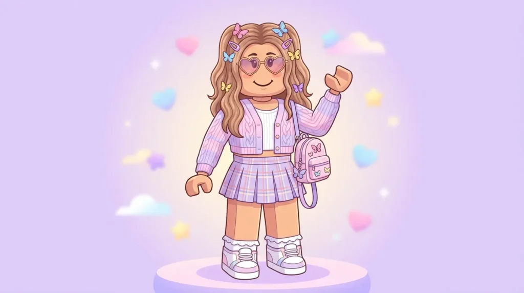 Y2K preppy roblox avatar girl with butterfly clips and heart sunglasses