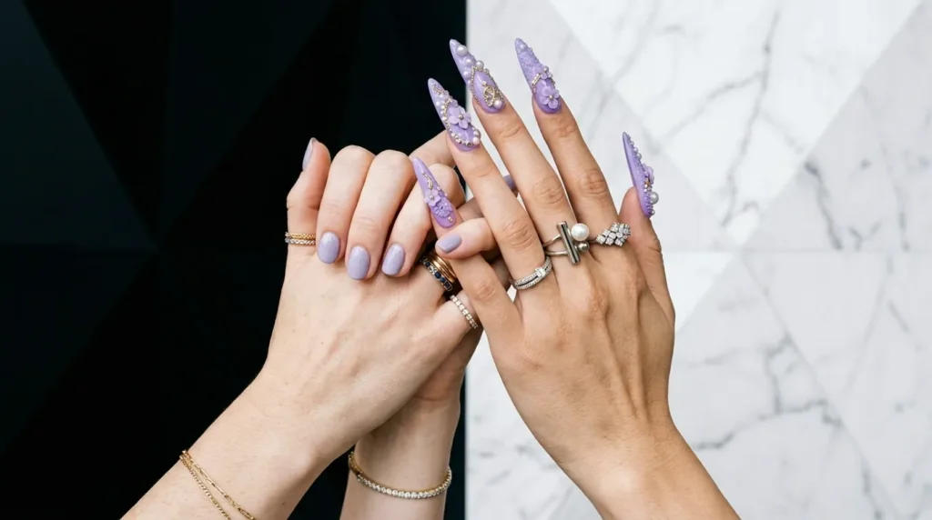 Lavender gel nails vs lavender acrylic nails comparison 2026.