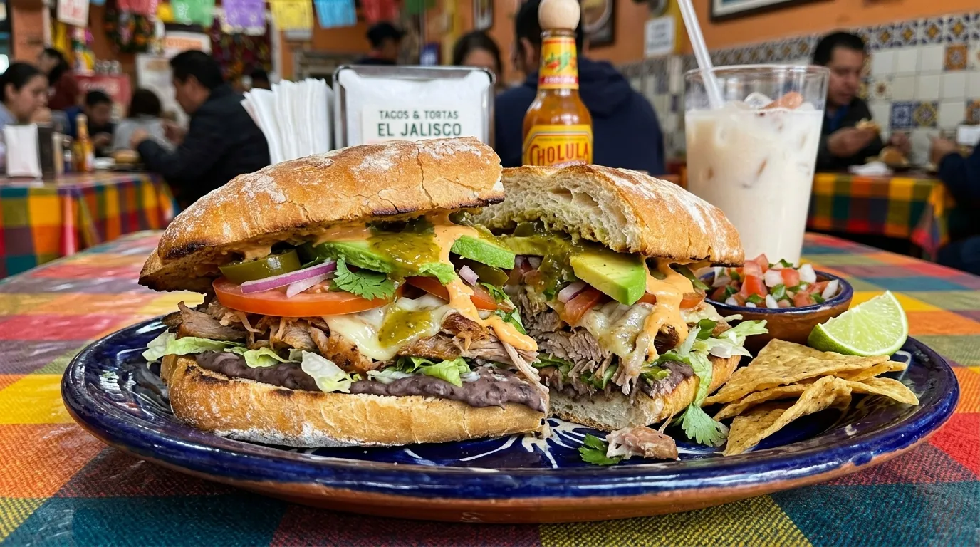 Mexican torta sandwich with bolillo bread, avocado, meat, beans, and salsa
