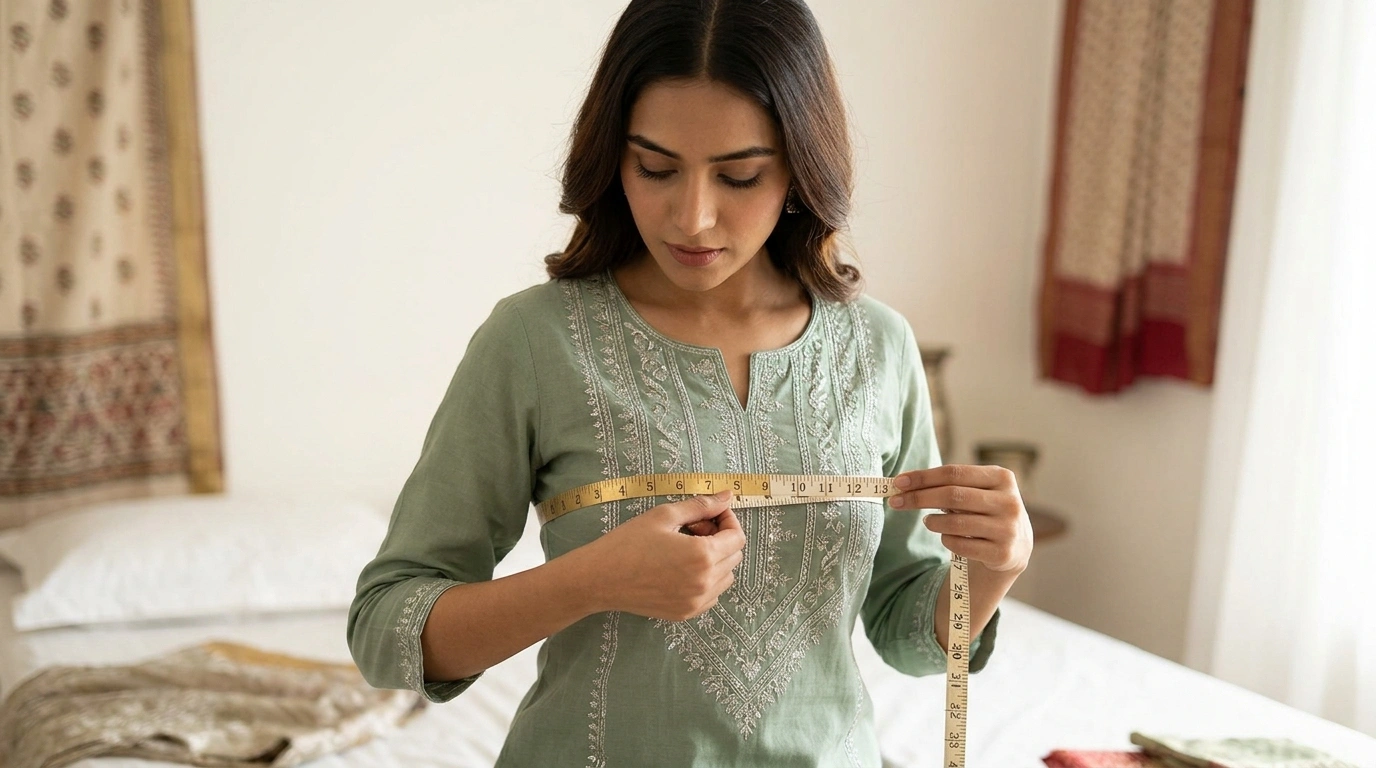 Woman measuring her bust size with a measuring tape while wearing a traditional Indian clothing kurta to determine accurate clothing measurements for online shopping.