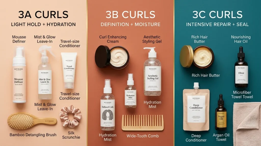 Three flat-lays side by side — one for each curl type showing the right products.