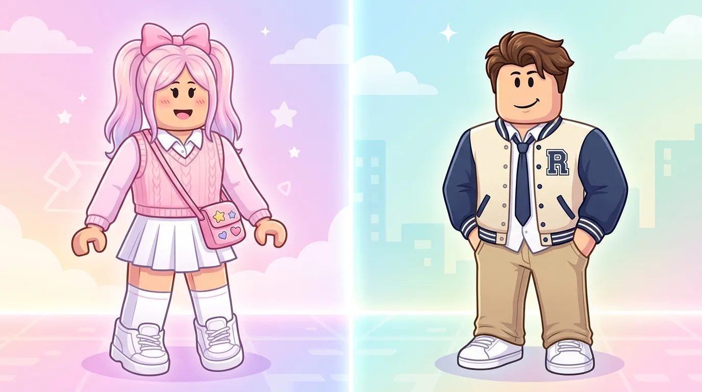Preppy roblox avatar girl and boy outfit ideas with pastel colors