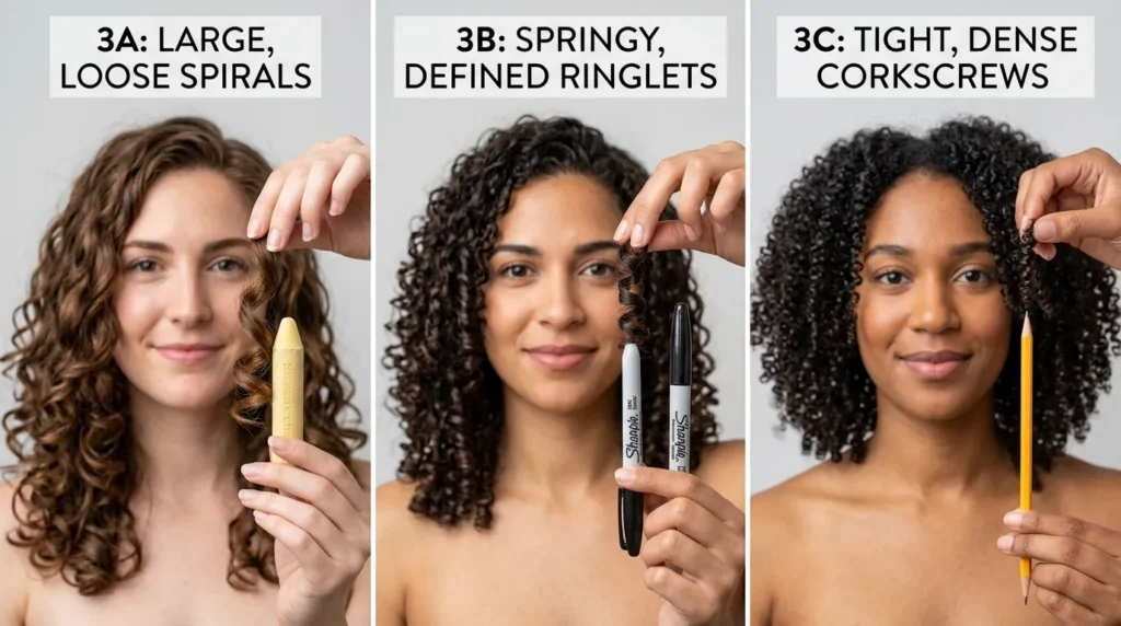 '3A vs 3B vs 3C hair curl diameter comparison chart'