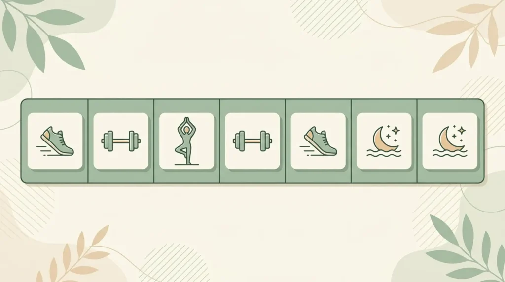 Illustration of a balanced weekly fitness routine with strength, cardio, and rest days