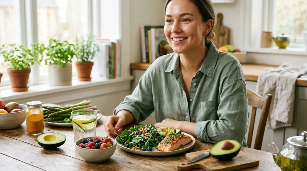 Anti-inflammatory foods list featuring salmon, blueberries, spinach, and walnuts
