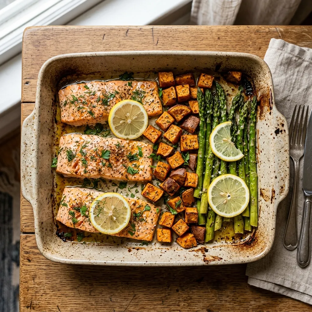 Sheet pan salmon recipe with asparagus and sweet potato for skin health