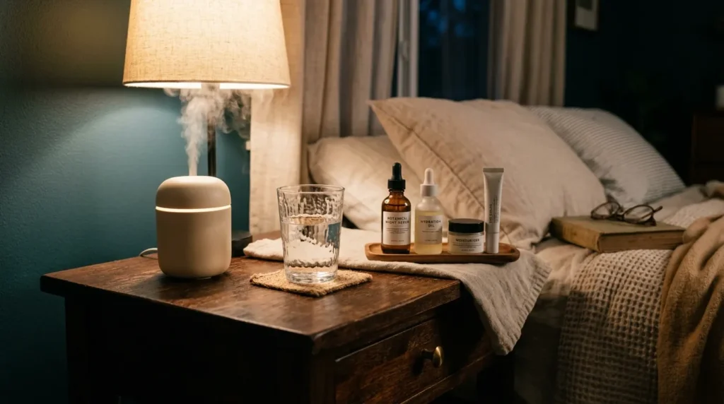 Humidifier and skincare items supporting healthy glowing skin in winter