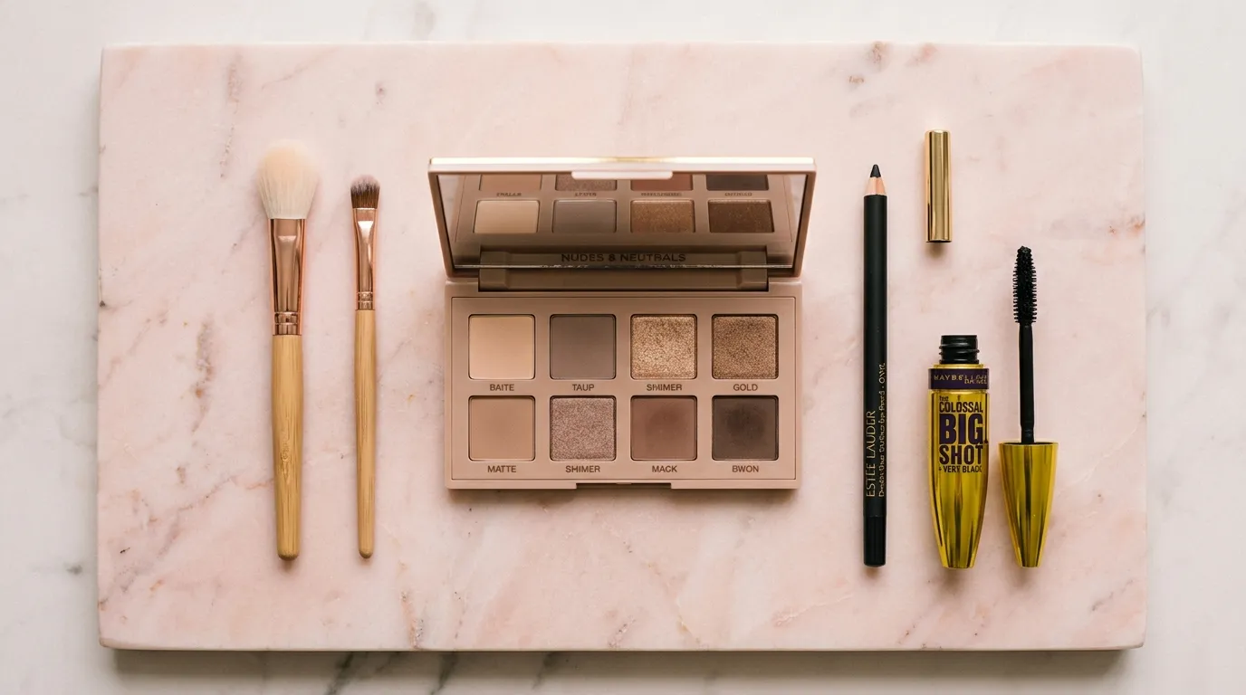 Eye makeup for beginners flatlay with eyeshadow palette, eyeliner, and brushes