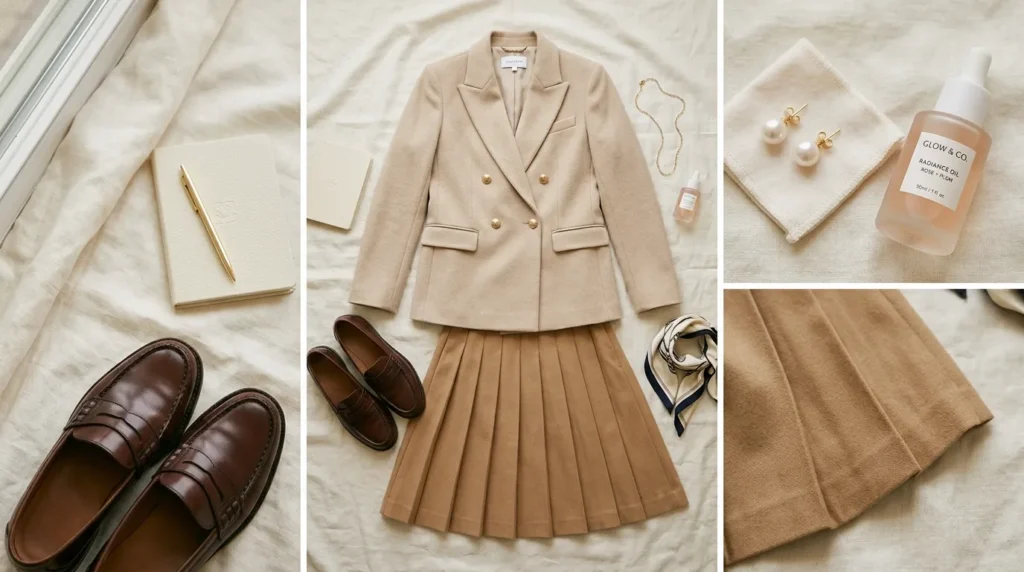 PreppyGlow aesthetic outfit and skincare style inspiration