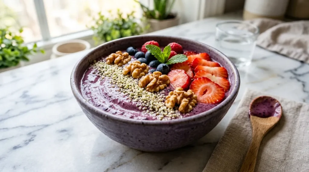 hemp seed berry smoothie bowl topped with walnuts for skin health