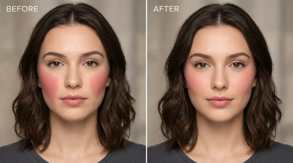 blush placement mistakes before and after correction comparison
