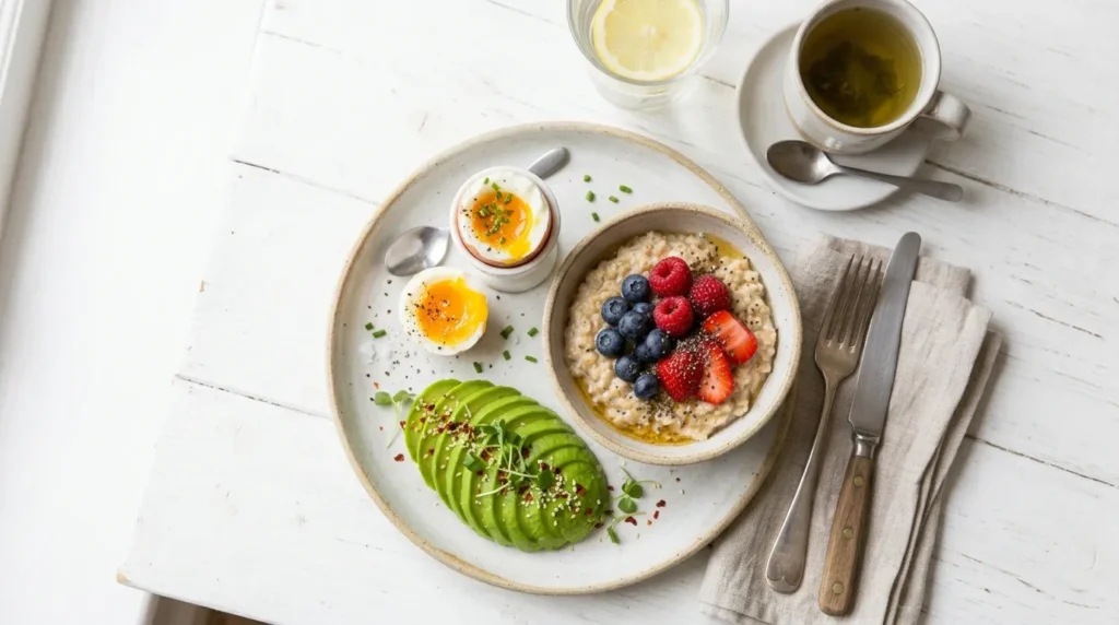Breakfast for glowing skin with eggs avocado and berries