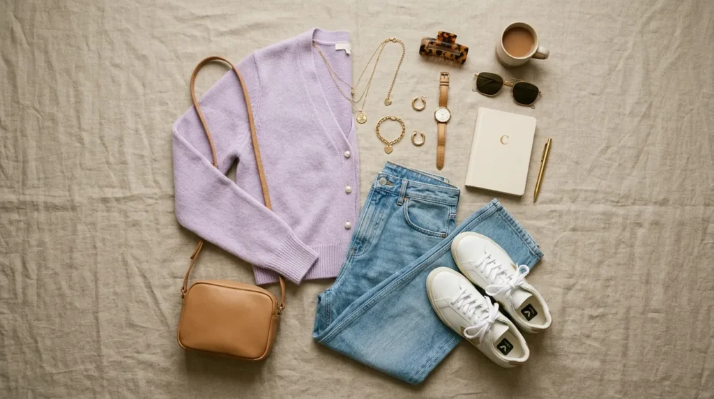College style capsule wardrobe outfit with cardigan, jeans, and sneakers for campus