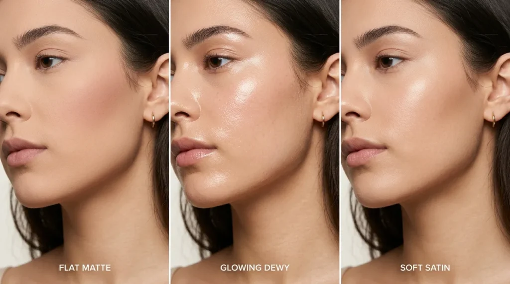 Matte, dewy, and satin foundation finish comparison on skin