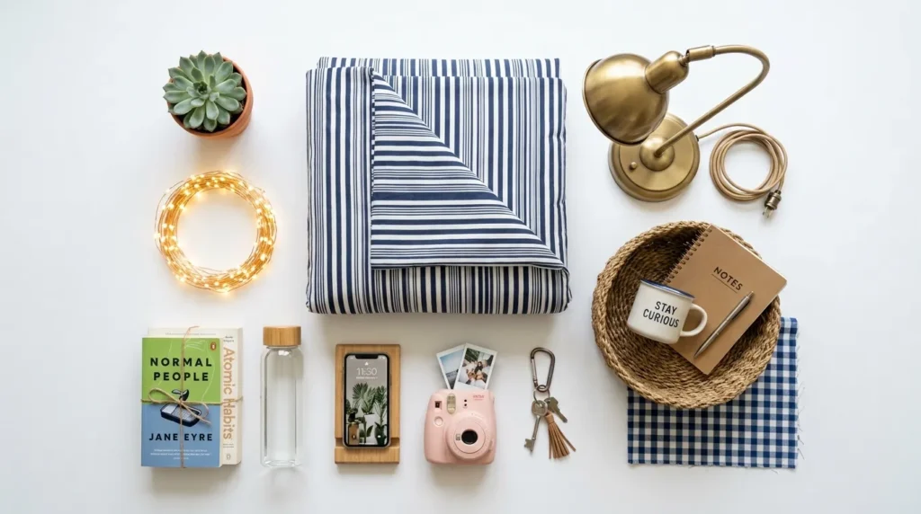 Flat-lay of preppy dorm room essentials including bedding, desk organizer, and storage baskets