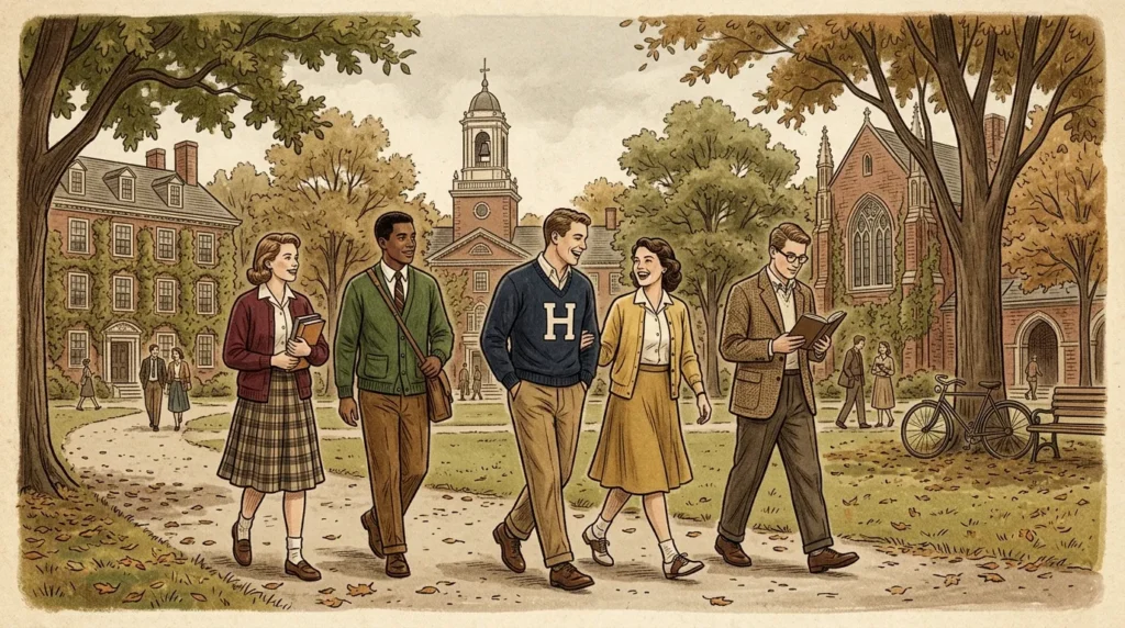 Ivy league aesthetic history students in 1950s campus attire