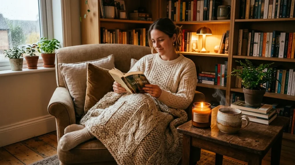 Cozy winter wellness self-care setup with throw blanket and candle