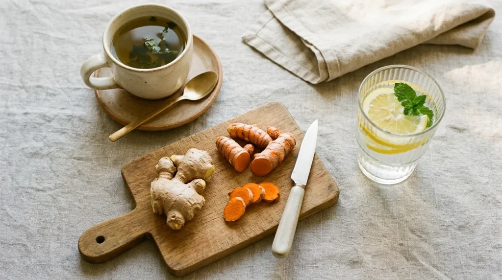 Anti-inflammatory lifestyle essentials including green tea, turmeric, and ginger