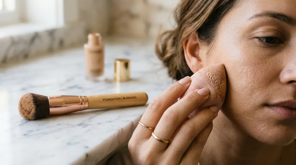 Applying foundation with a makeup sponge and foundation brush