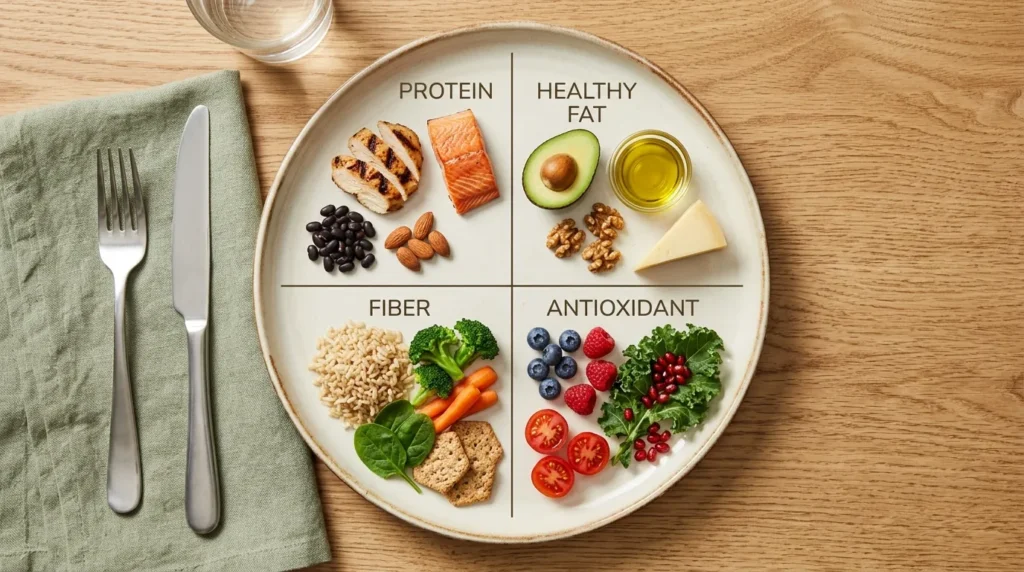 Balanced plate diagram illustrating the Glow Nutrition Kitchen method for skin health