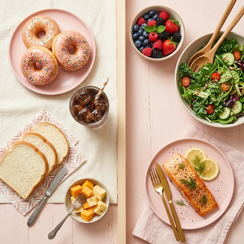 flat lay of foods to avoid for clear skin including sugary snacks and dairy