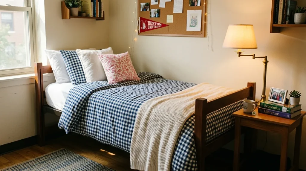 Twin XL preppy dorm bedding set with gingham duvet and throw pillows