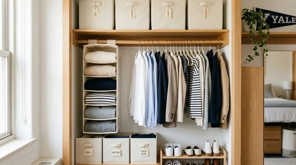 College dorm room organization with labeled storage bins and closet system