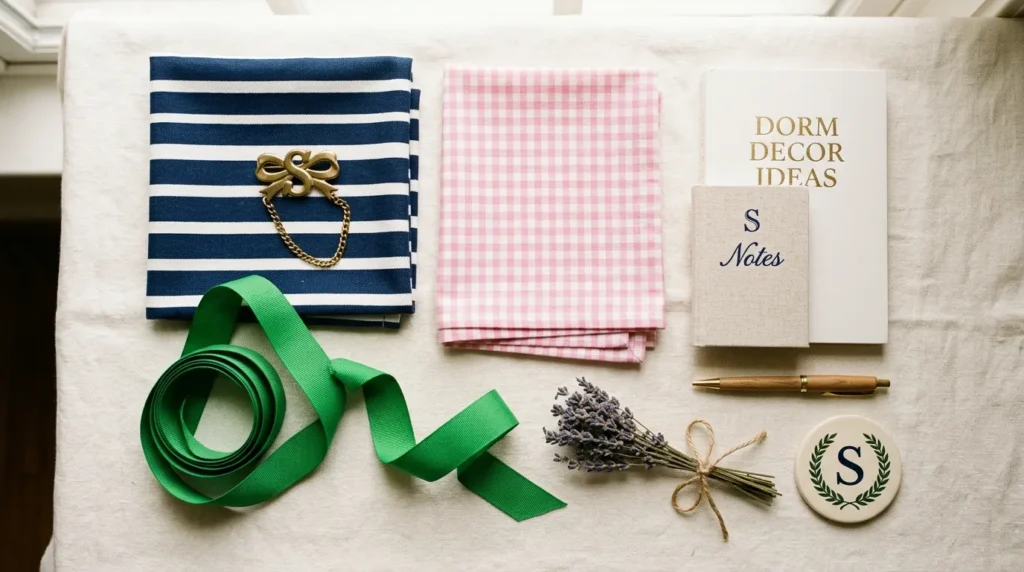 Preppy dorm room color palette featuring navy, kelly green, and pink accents