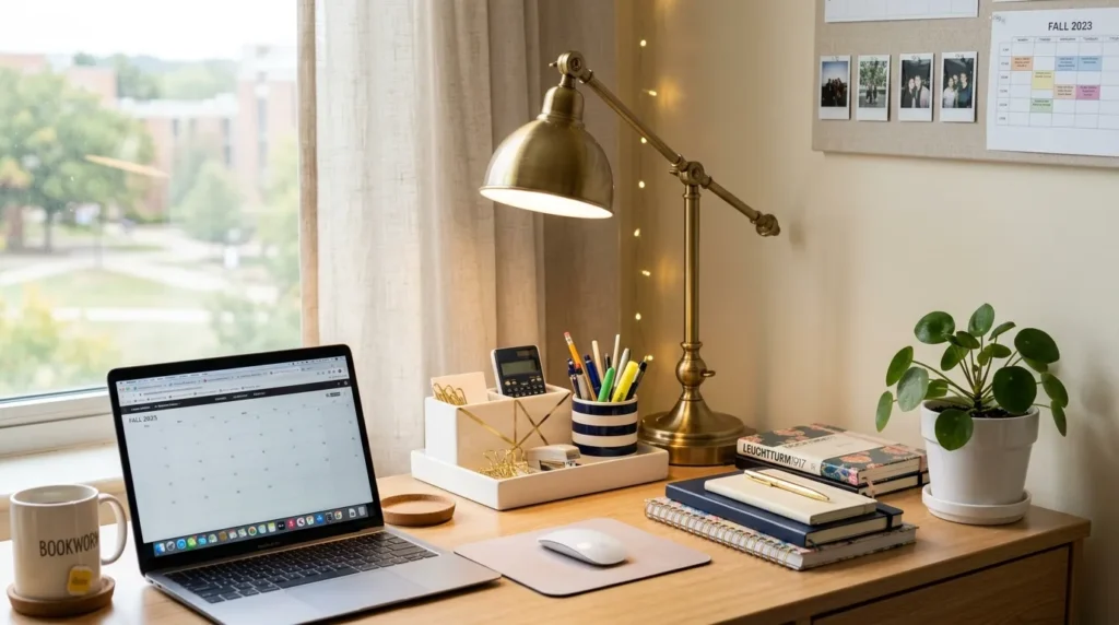 Preppy dorm desk setup with brass lamp, desk organizer, and striped accessories