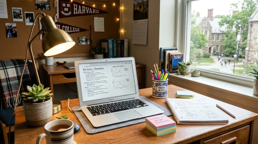 Dorm desk setup with laptop, desk lamp, and study essentials