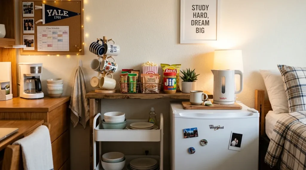 College kitchen essentials including mini fridge and electric kettle