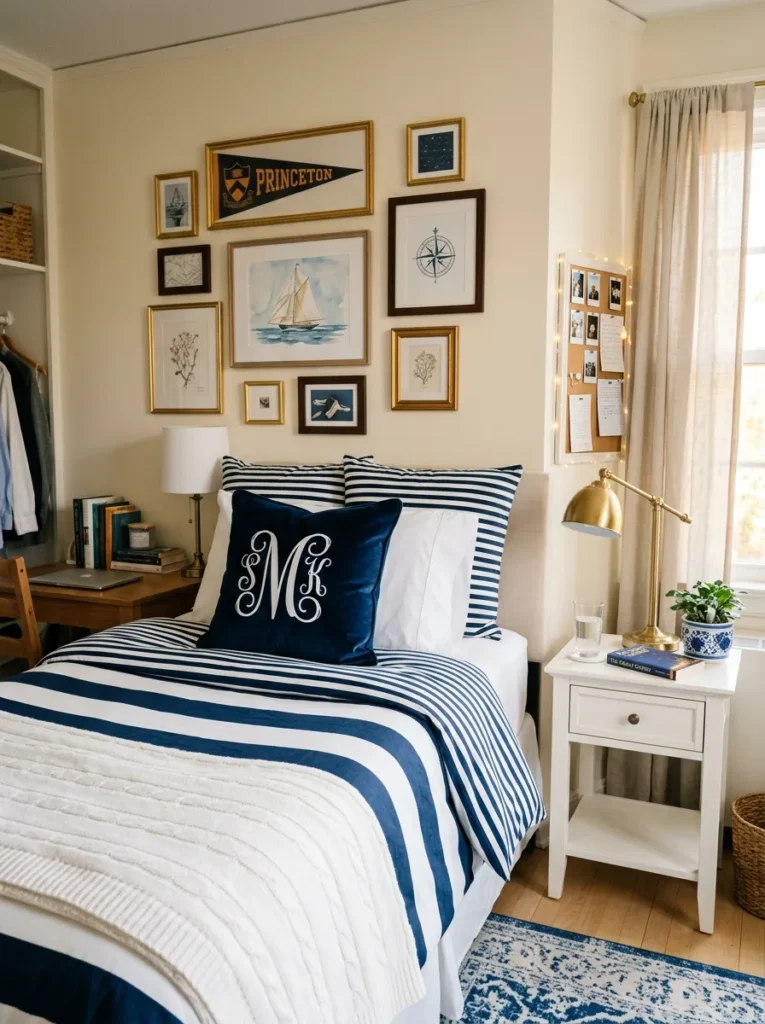 preppy dorm room ideas with navy bedding and monogram pillow