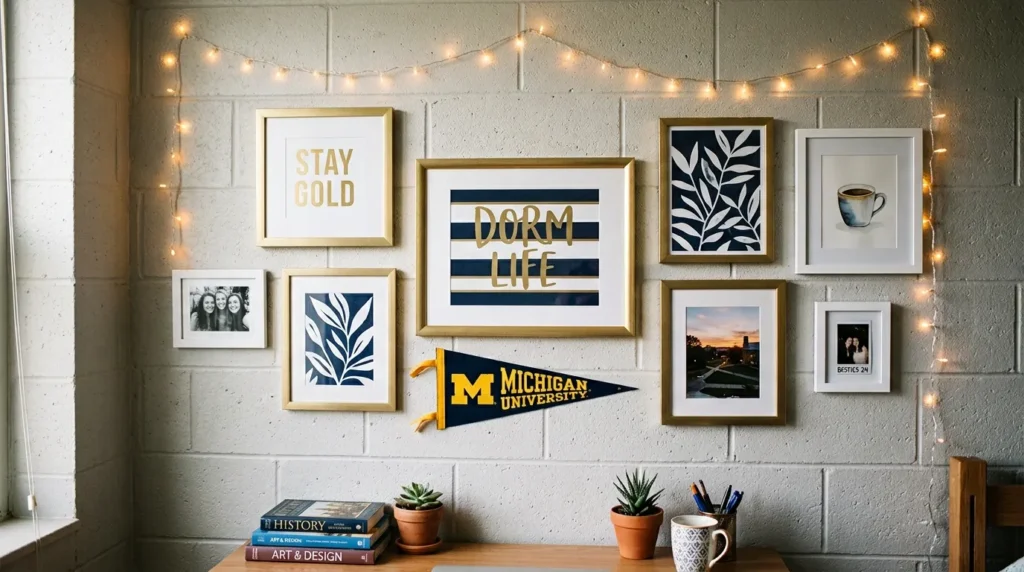 Preppy dorm gallery wall with framed photos and striped art prints hung with Command Strips